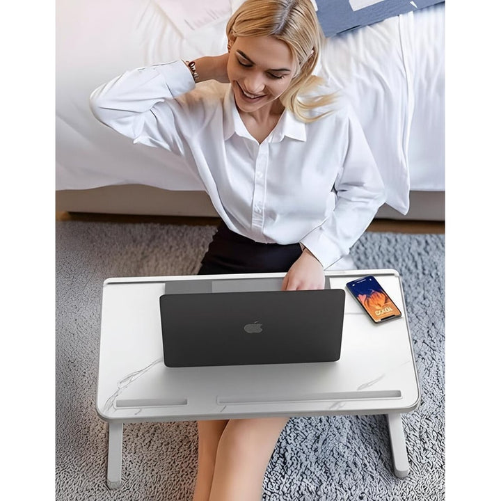 Adjustable Folding Bed Desk for Laptop with Marble Top Drawer and Portable Stand