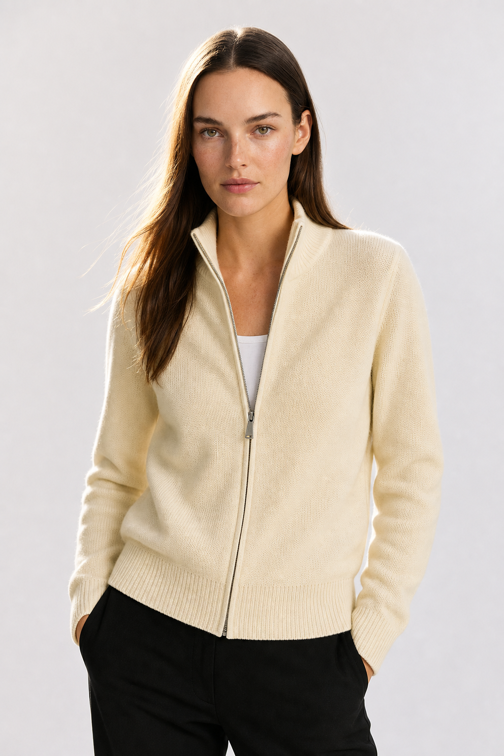 Women's Wool Zip Cardigan – Knitted Cardigan with High Collar