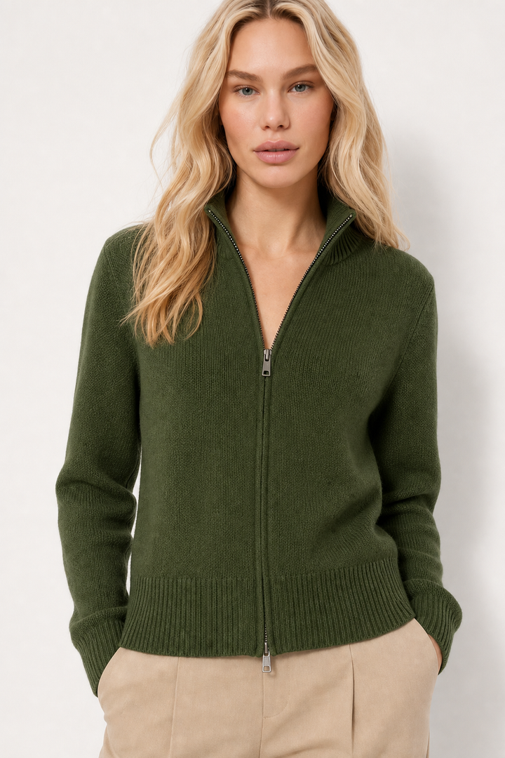 Women's Wool Zip Cardigan – Knitted Cardigan with High Collar