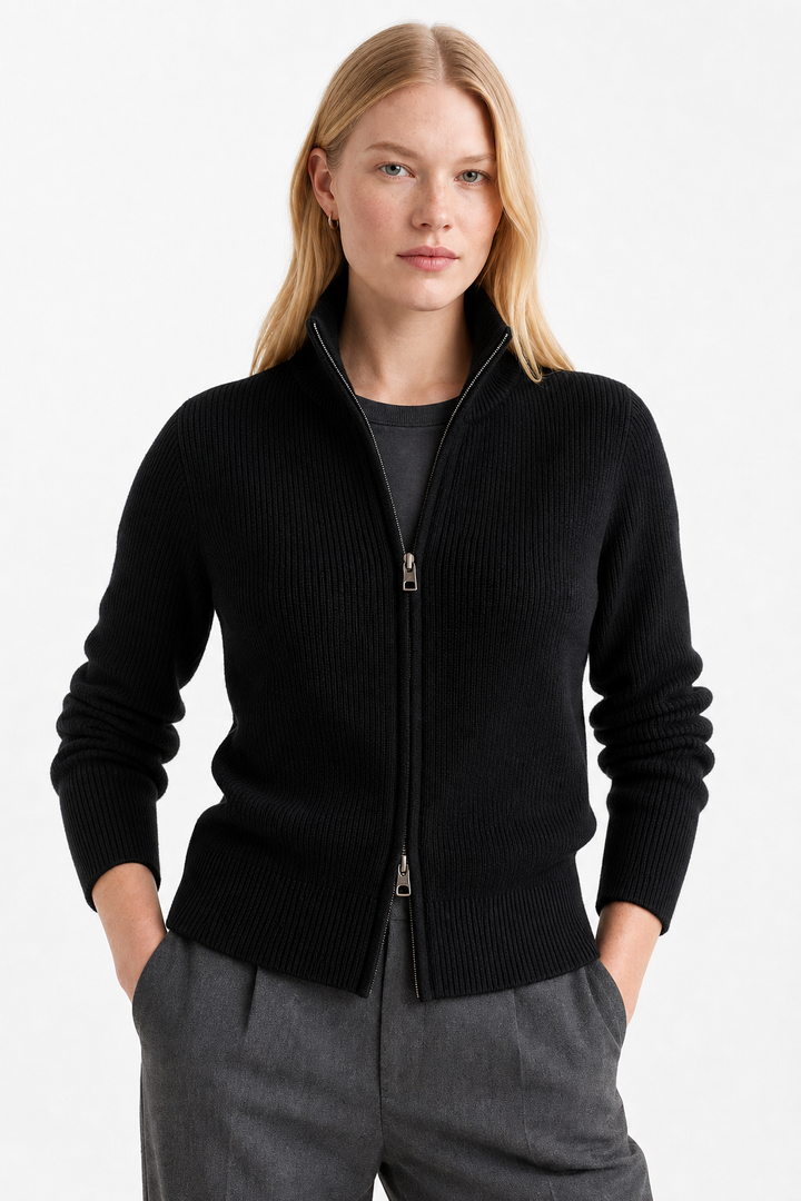 Women's Wool Zip Cardigan – Knitted Cardigan with High Collar