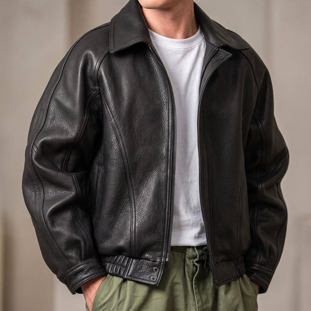 Men's Leather Jacket with Zip – Structured, Collar-Focused Mid-Layer for Spring/Fall