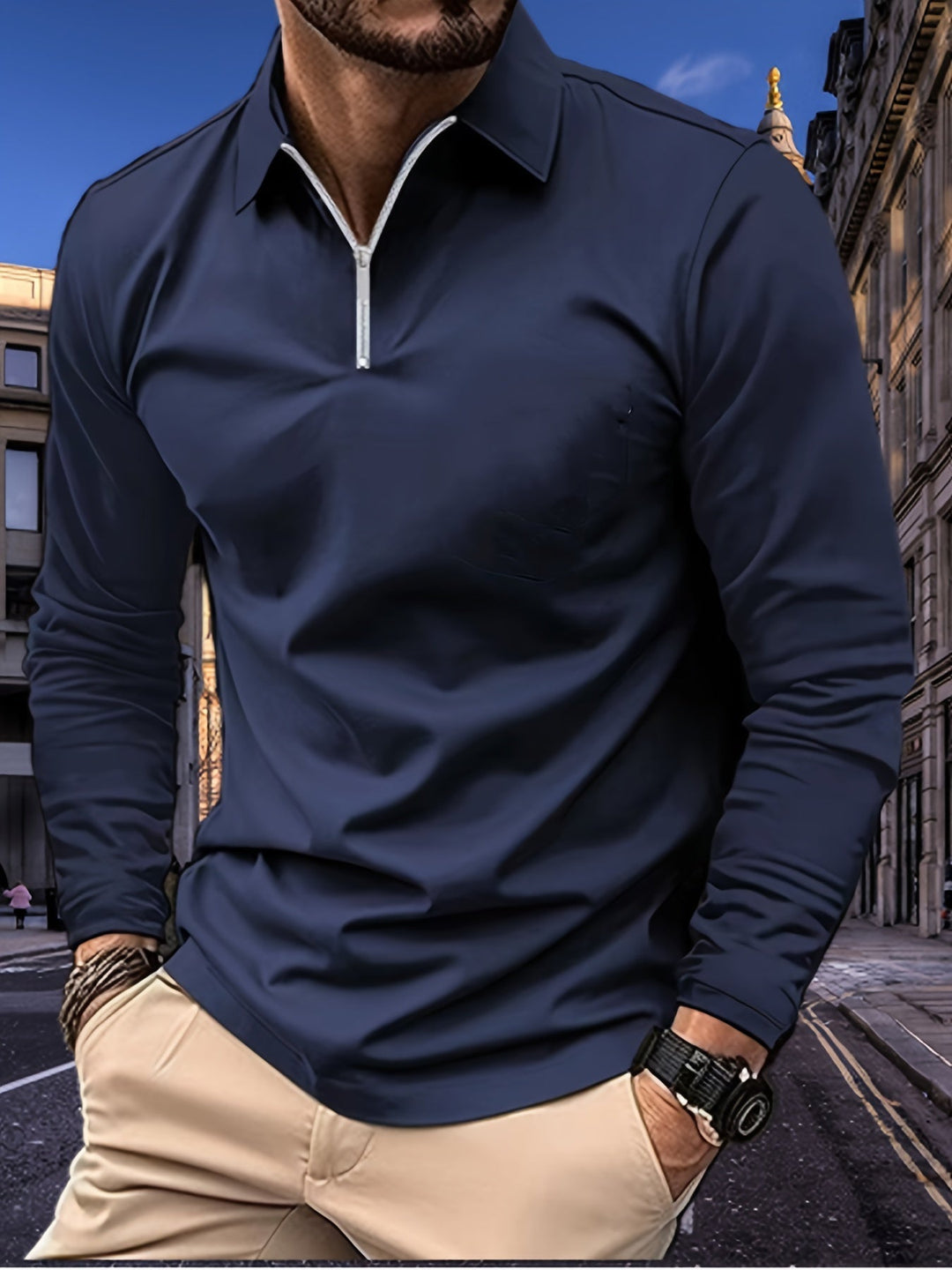 Men's Long Sleeve Polo Shirt with Zip Collar