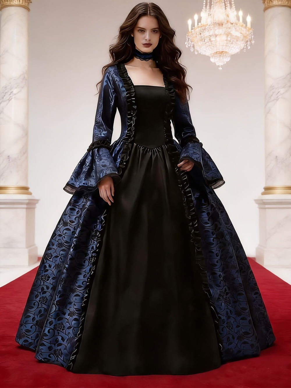 Women's Gothic Vampire Halloween Costume Dress with Flared Sleeves