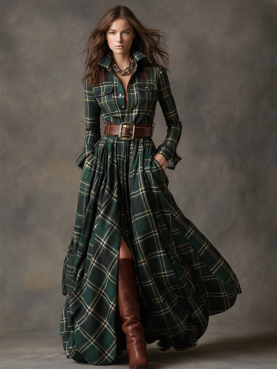 Plaid Shirt Dress with Belt for Women