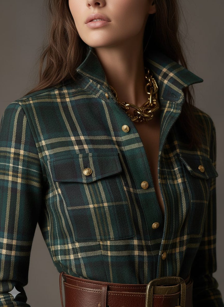 Plaid Shirt Dress with Belt for Women