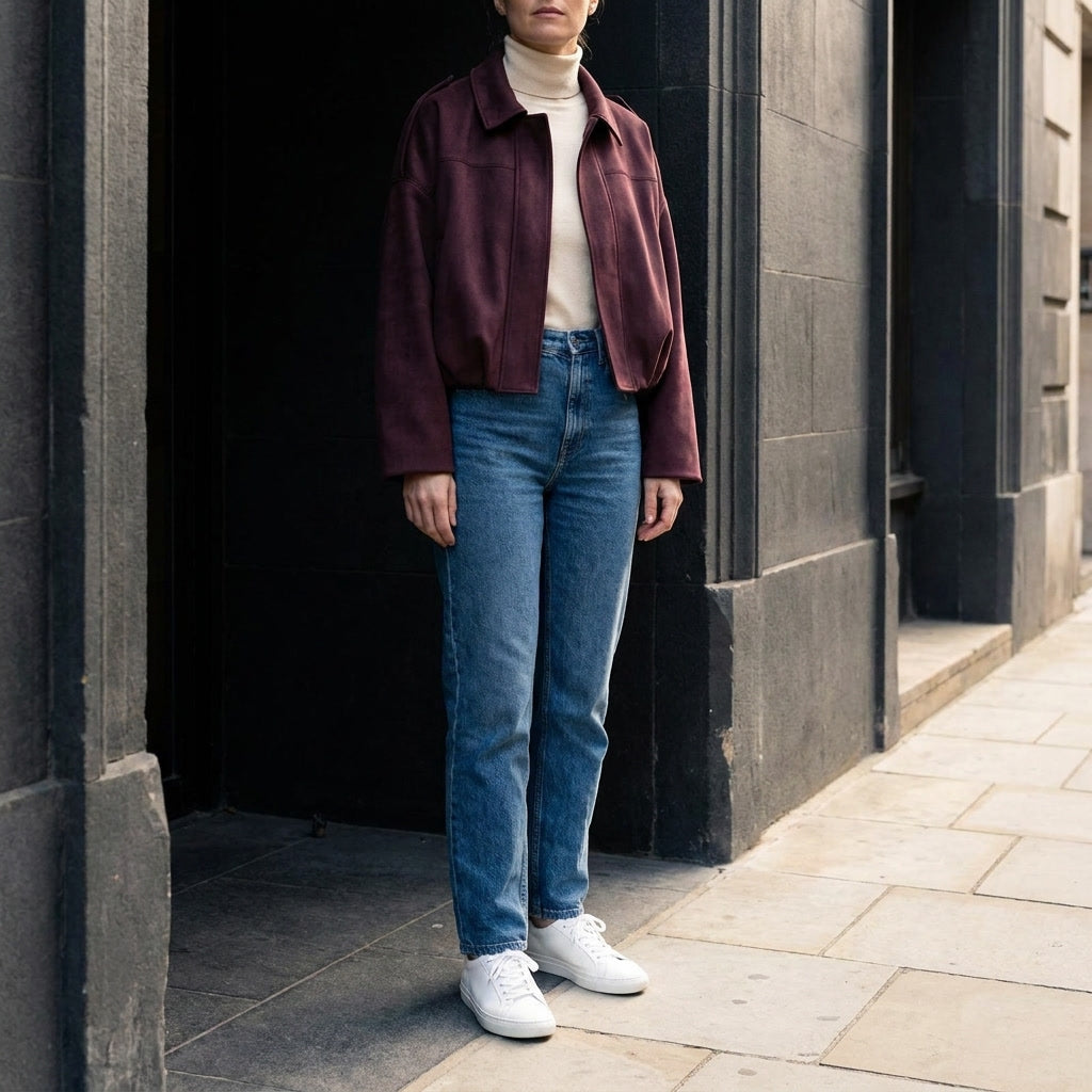 Women's Suede Bomber Jacket Cropped with Tailored Fit