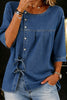 Denim Button-Down Blouse with Side Ties for Women