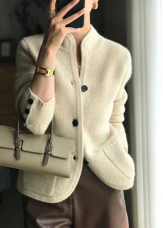 Ribbed Cashmere Cardigan with Stand Collar and Button-Down Front for Women