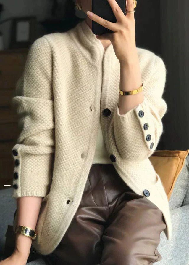 Ribbed Cashmere Cardigan with Stand Collar and Button-Down Front for Women