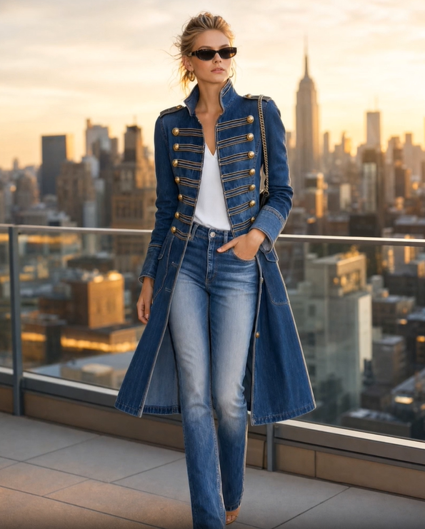 Women's long military-style double-breasted coat with officer collar