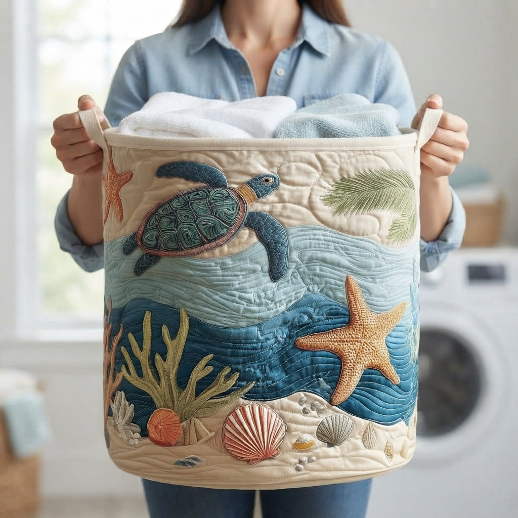 Quilted laundry basket with canvas carrying handles, freestanding cotton-polyester laundry basket