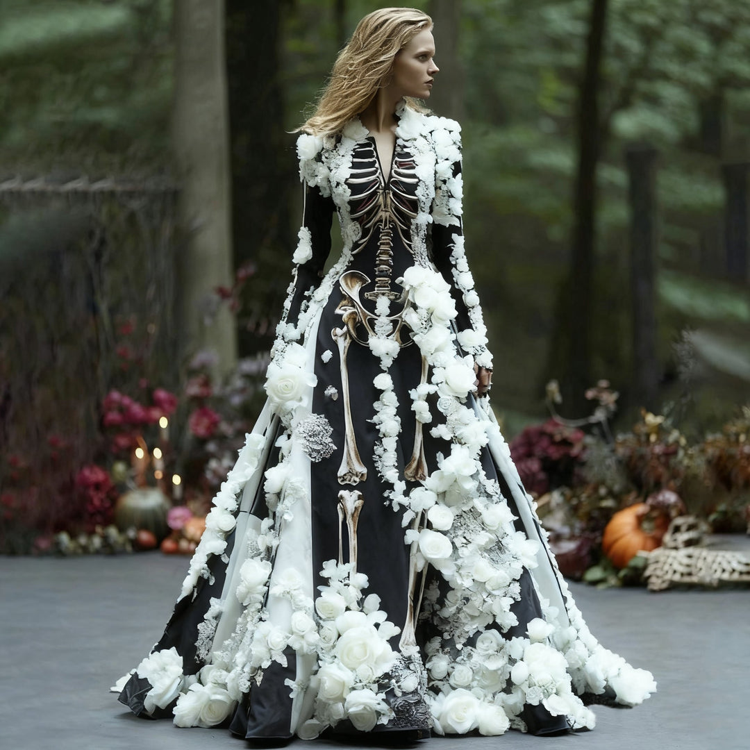 Women's Long-Sleeve Skeleton Floral Maxi Dress for Halloween Parties