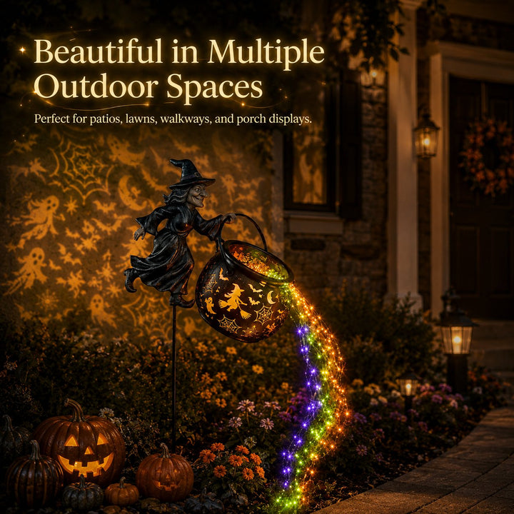 Halloween Witch's Cauldron Garden Lamp with Colorful Glow and Spooky Projections