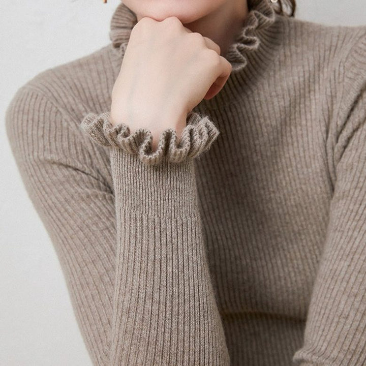 Cashmere Ribbed Knit Turtleneck Sweater with Ruffled Cuffs for Women