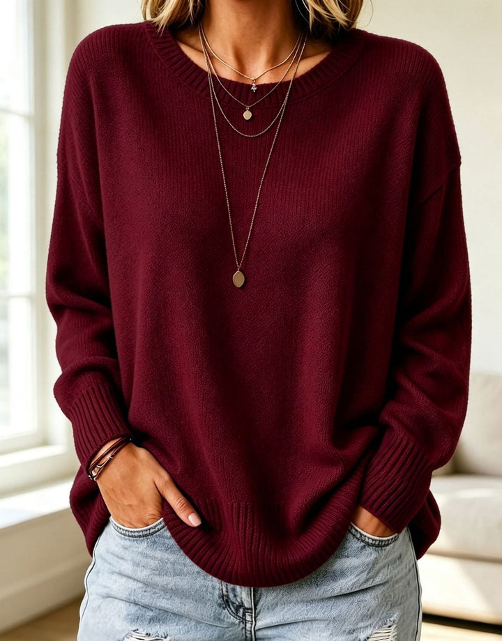 Cashmere Touch Ribbed Knit Sweater with Dropped Shoulders for Women