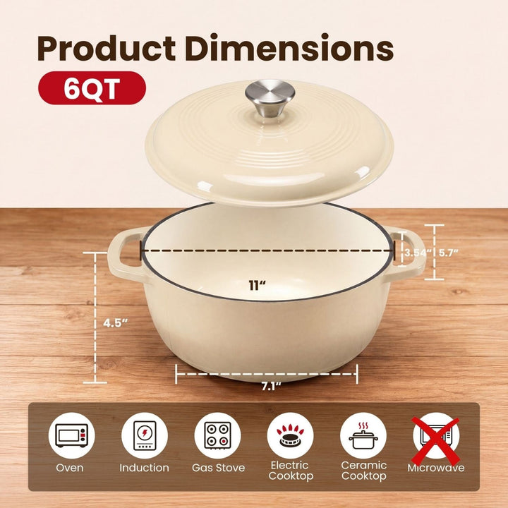 Cast Iron Dutch Oven Pot for Bread Baking and Braising with Dual Handles 6 Quart