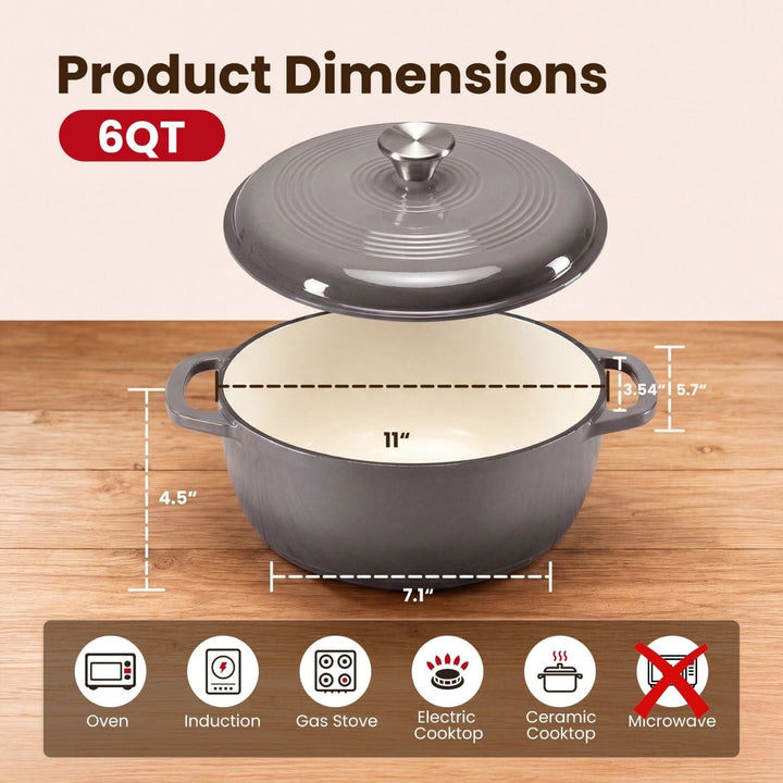 Cast Iron Dutch Oven Pot for Bread Baking and Braising with Dual Handles 6 Quart