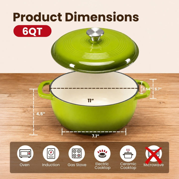 Cast Iron Dutch Oven Pot for Bread Baking and Braising with Dual Handles 6 Quart
