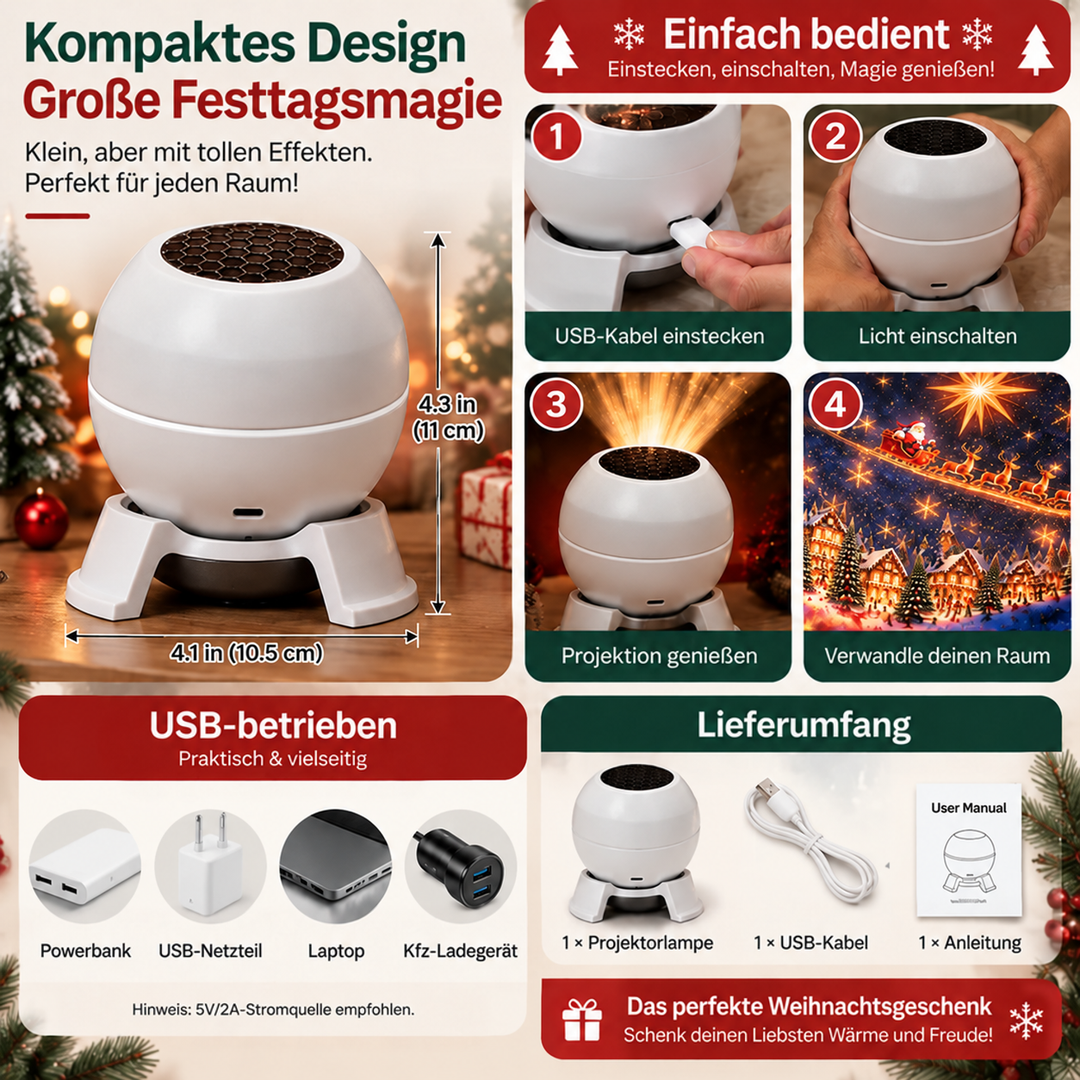 Christmas Projector Night Light for Walls and Ceilings – USB-Powered Holiday Decor