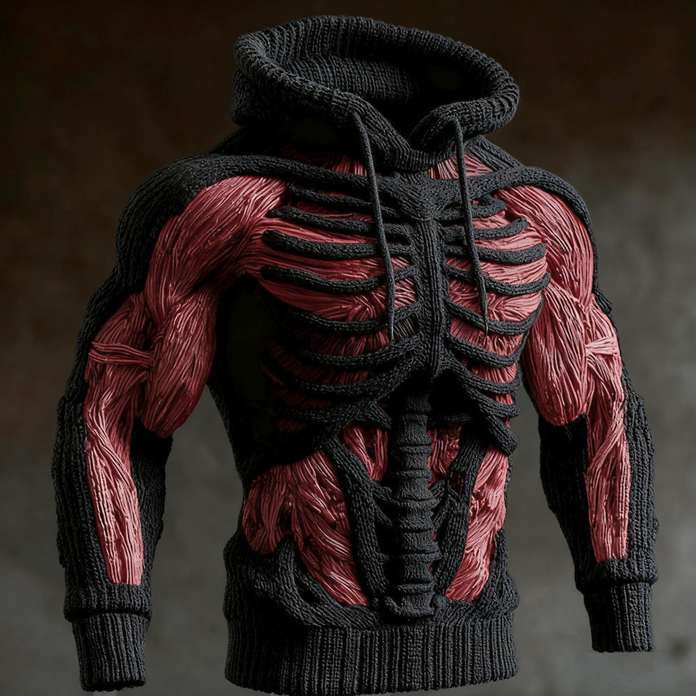 Men's Halloween Knit Hoodie with 3D Skeleton Design, Long Sleeve