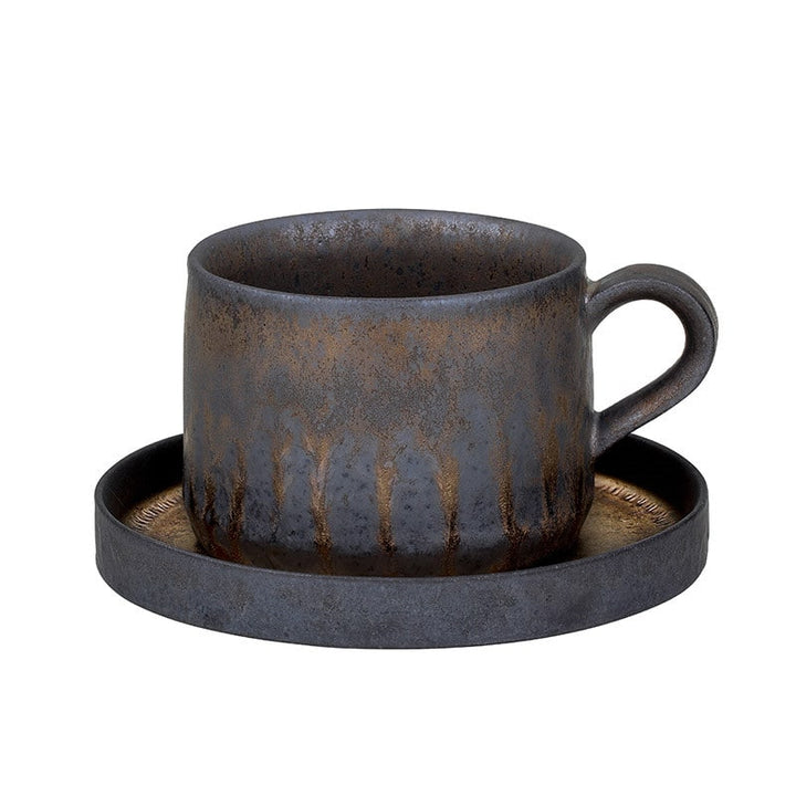 Ceramic Reusable Iced Coffee Cup with Saucer Handmade Stoneware Metallic Glaze Drip Finish