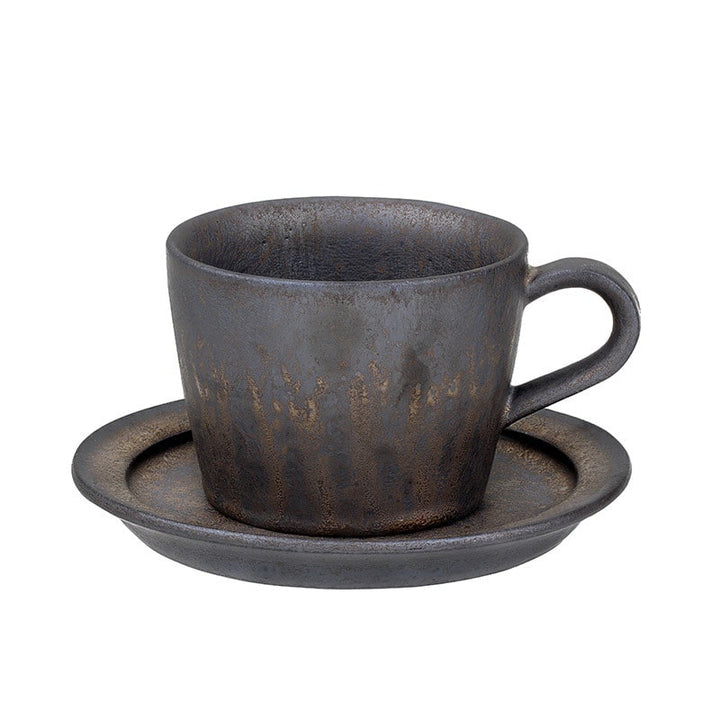 Ceramic Reusable Iced Coffee Cup with Saucer Handmade Stoneware Metallic Glaze Drip Finish