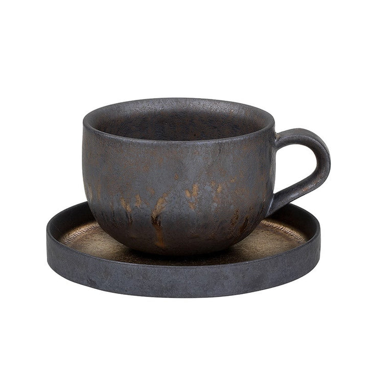 Ceramic Reusable Iced Coffee Cup with Saucer Handmade Stoneware Metallic Glaze Drip Finish