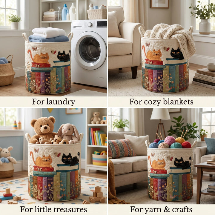 Quilted laundry basket with cat pattern, foldable fabric laundry basket with handles