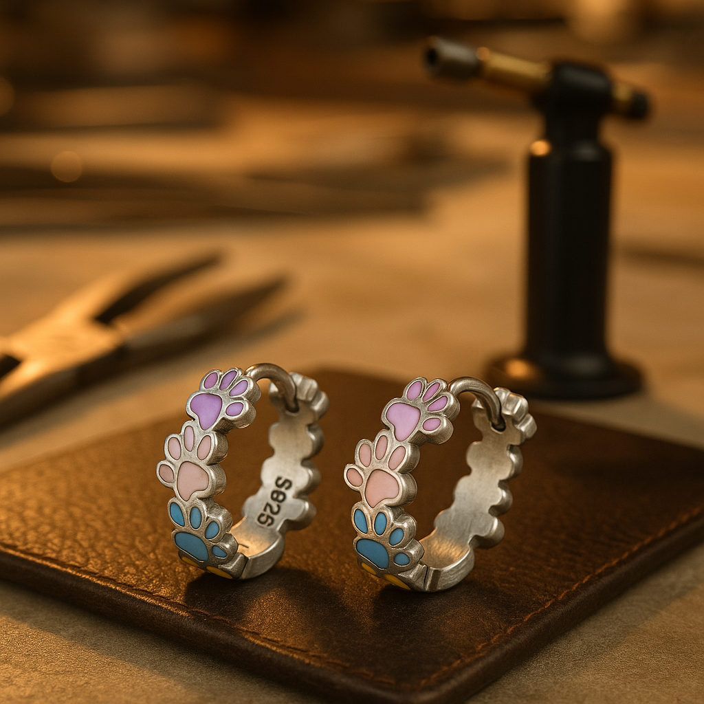 Colorful Paw Hoops Sterling Silver