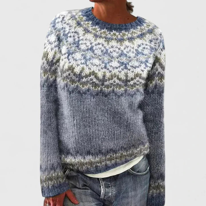 Fair Isle Knit Crew Neck Sweater with Patterned Yoke