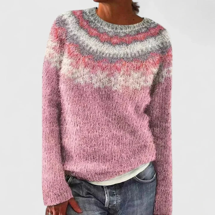 Fair Isle Knit Crew Neck Sweater with Patterned Yoke