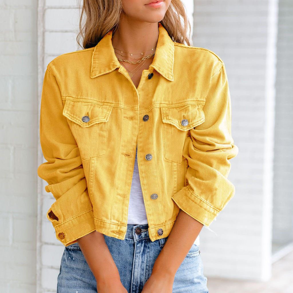 Denim Cropped Jacket with Collar for Women
