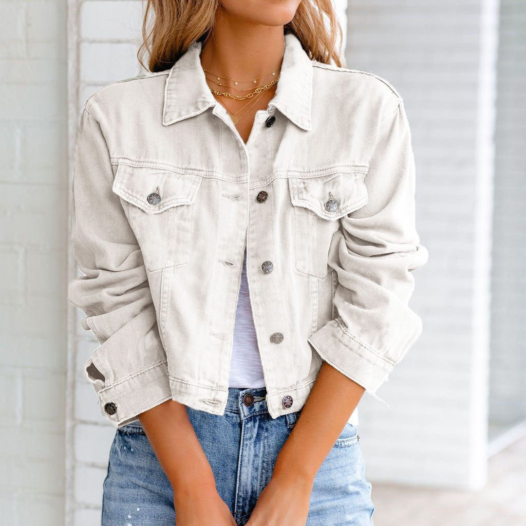 Denim Cropped Jacket with Collar for Women