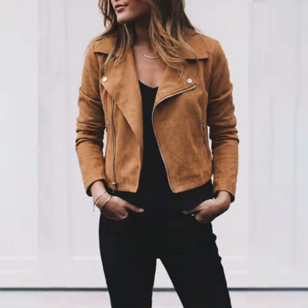 Suede Cropped Jacket with Lapel Collar for Women