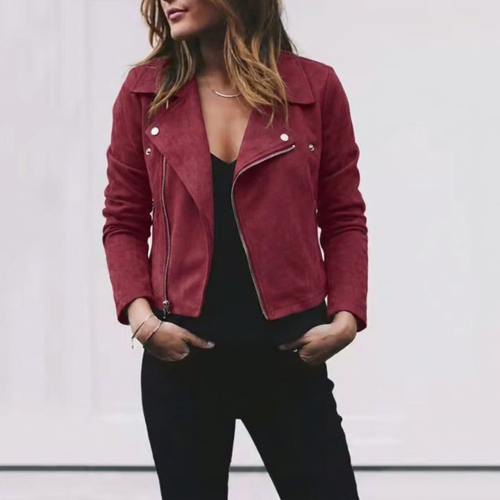 Suede Cropped Jacket with Lapel Collar for Women