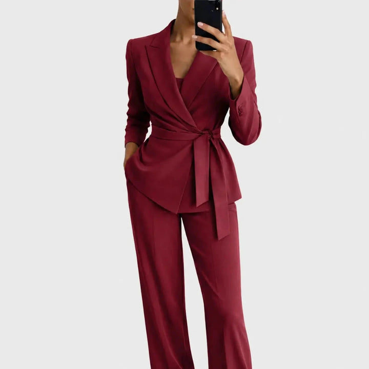 Women's Blazer and Pants Set with Wrap Front and Tie Belt