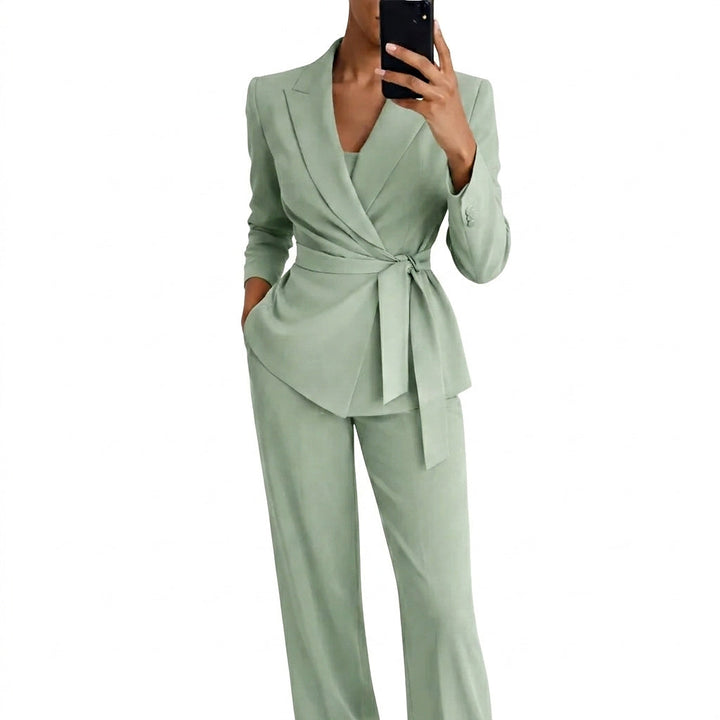 Women's Blazer and Pants Set with Wrap Front and Tie Belt