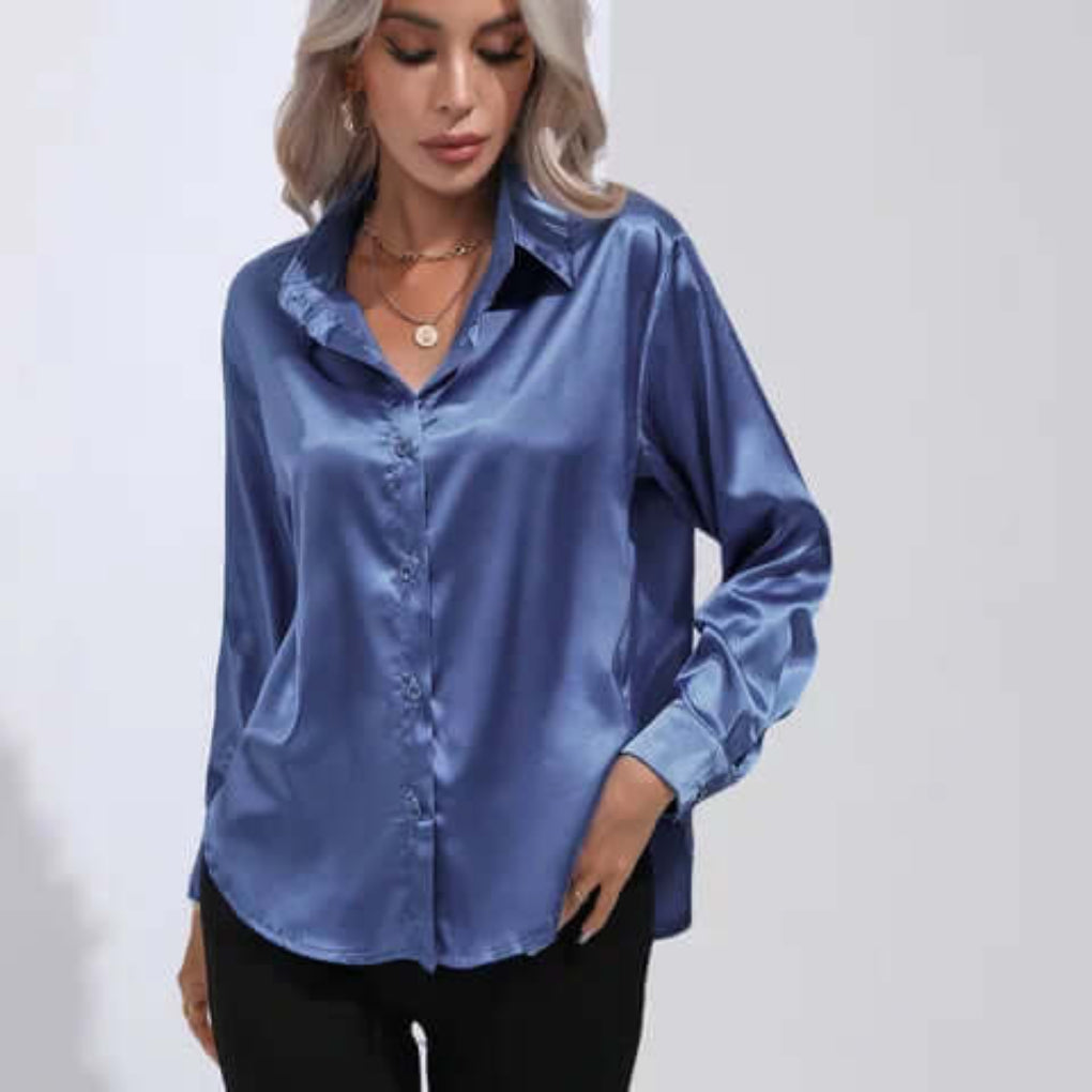 Women's Satin Loose Fit Long Sleeve Blouse