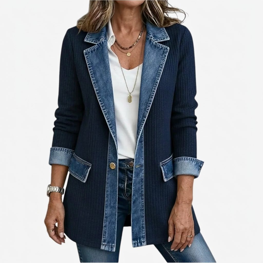 Denim Panel Ribbed Knit Blazer with Long Sleeves for Women
