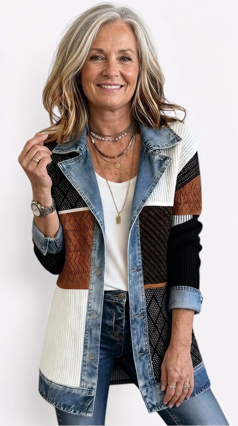 Denim Panel Ribbed Knit Blazer with Long Sleeves for Women