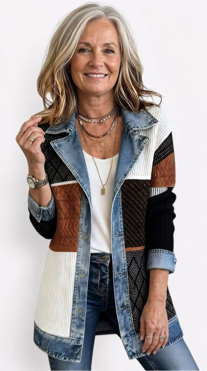 Denim Panel Ribbed Knit Blazer with Long Sleeves for Women