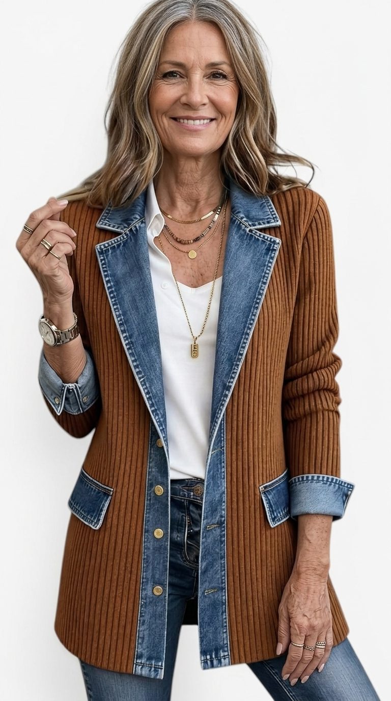 Denim Panel Ribbed Knit Blazer with Long Sleeves for Women