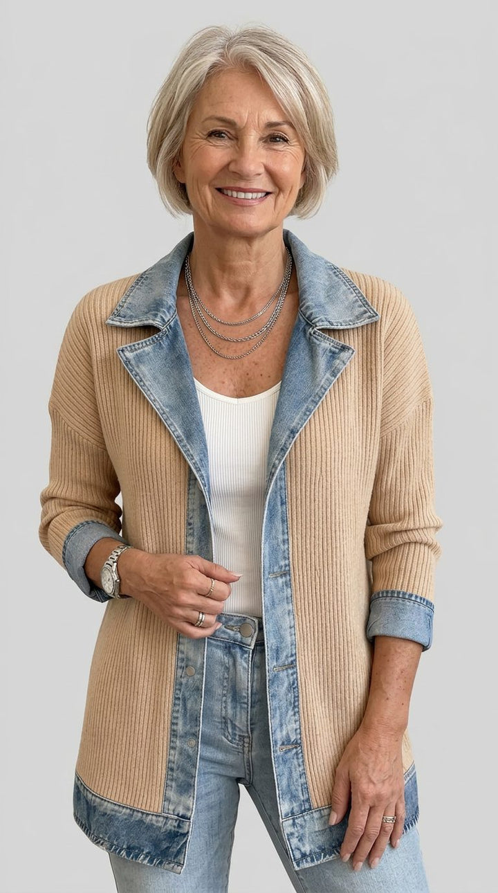 Denim Panel Ribbed Knit Blazer with Long Sleeves for Women