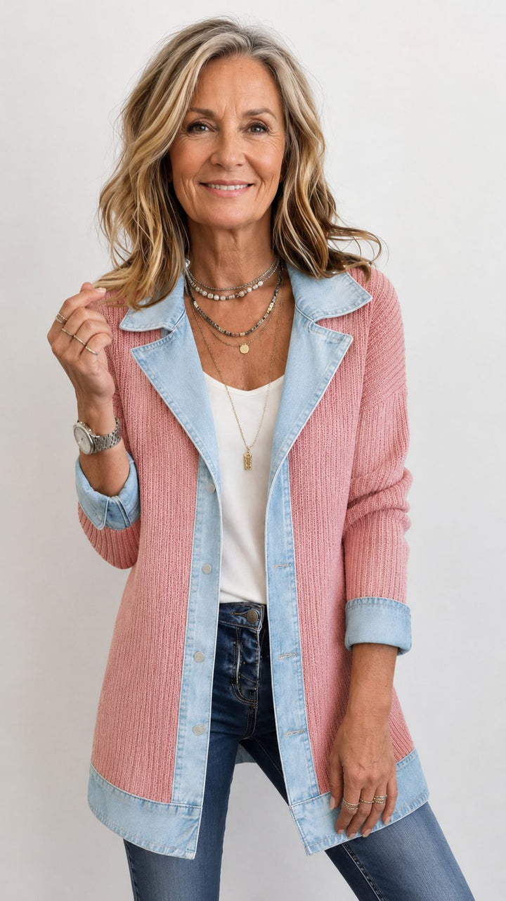 Denim Panel Ribbed Knit Blazer with Long Sleeves for Women