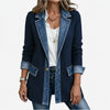 Denim Panel Ribbed Knit Blazer with Long Sleeves for Women