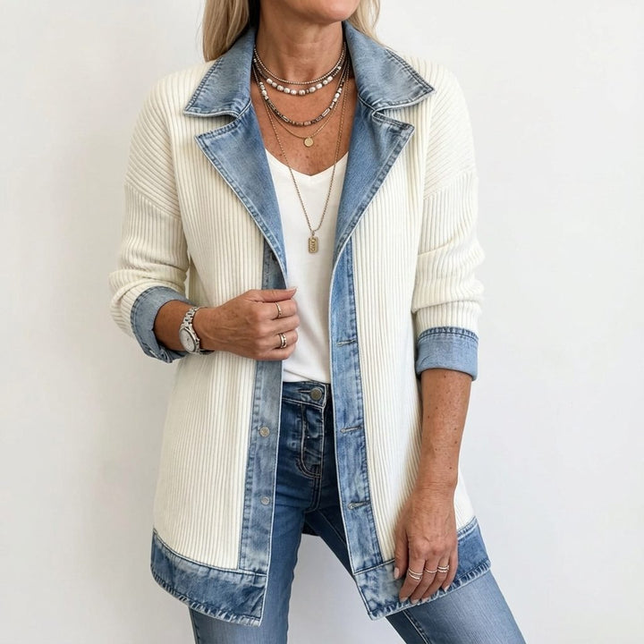 Denim Panel Ribbed Knit Blazer with Long Sleeves for Women