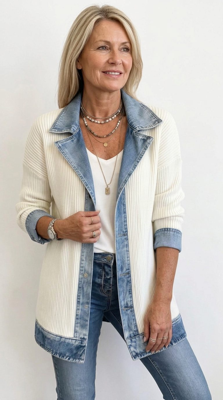 Denim Panel Ribbed Knit Blazer with Long Sleeves for Women