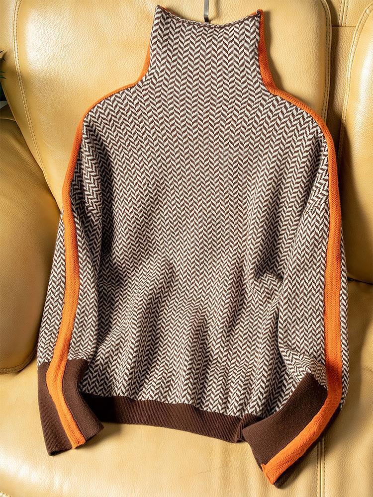 Women's Mock Neck Sweater with Bold Contrast Stripes