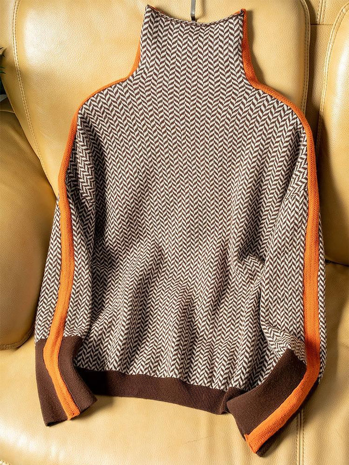 Women's Mock Neck Sweater with Bold Contrast Stripes