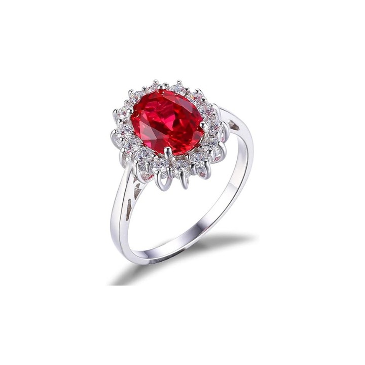 Elegant white gold ring with ruby halo
